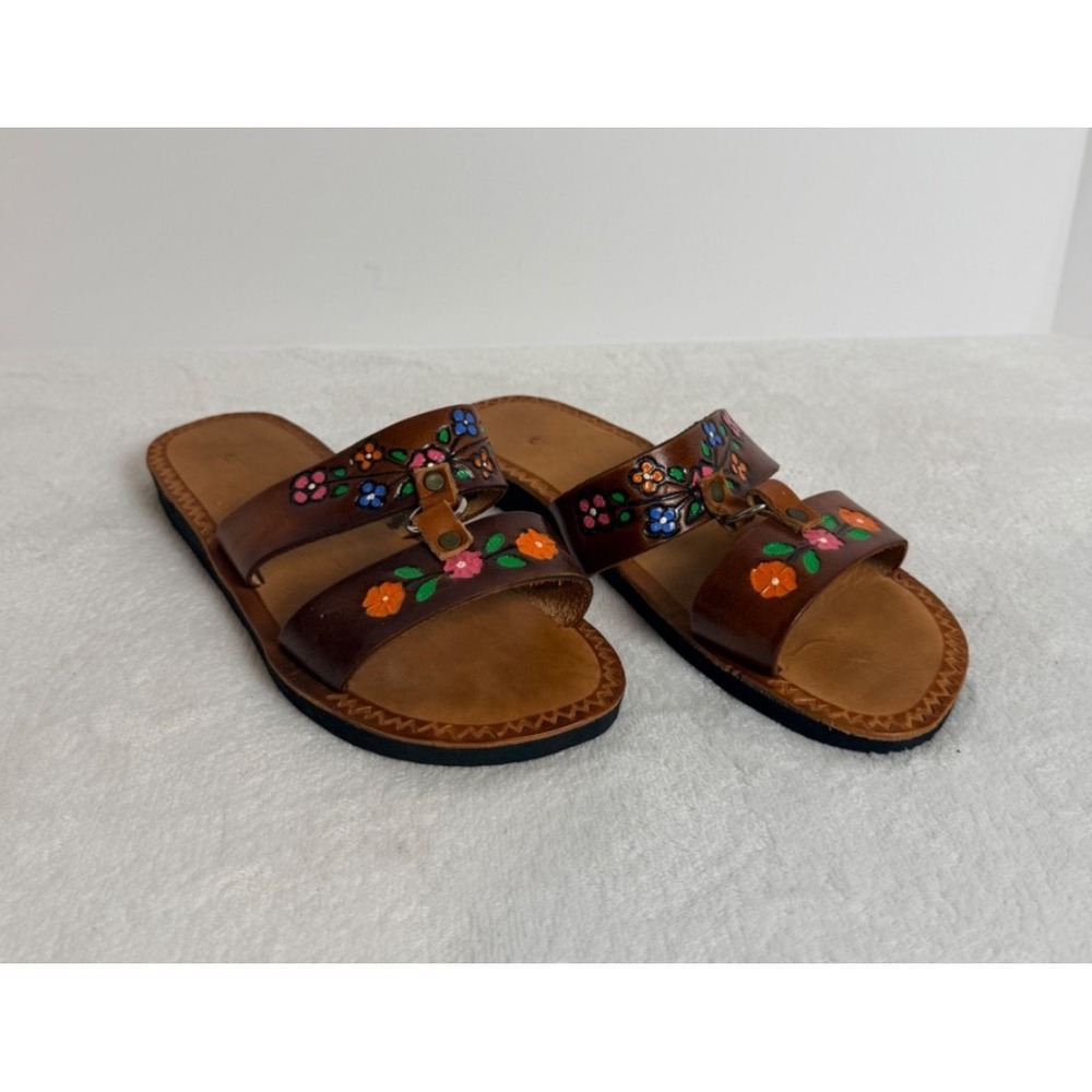 Vintage Hand Painted Leather Slide Sandals Women's Size 5 Brown Floral